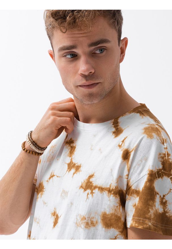 Ombre Clothing - T-shirt męski bawełniany S1373 - beżowy/biały - XXL. Kolor: biały. Materiał: bawełna. Długość: krótkie. Sezon: lato