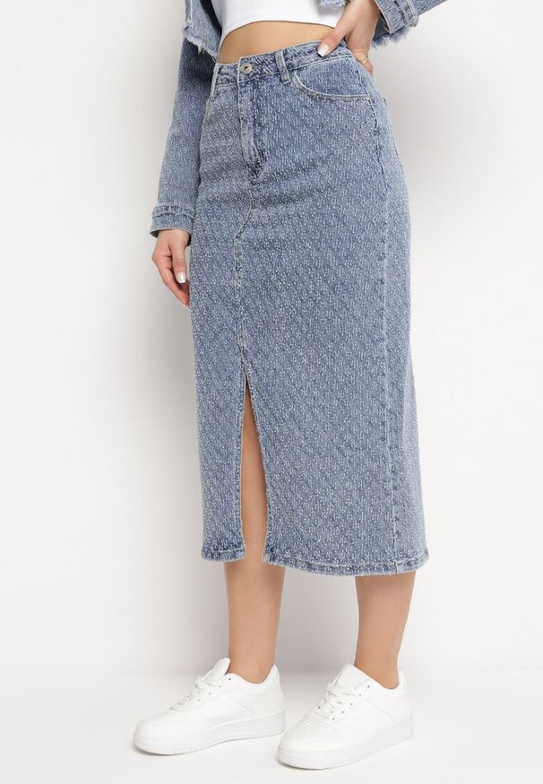 Born2be - Granatowa Spódnica Jeansowa Midi Ołówkowa z Rozcięciem Ezorica. Kolor: niebieski. Materiał: jeans