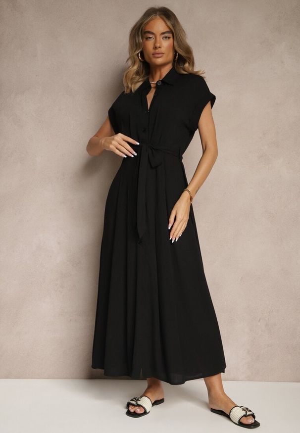 Renee - Czarna Koszulowa Sukienka z Wiskozy z Paskiem Rinaira. Okazja: na co dzień, na imprezę, na spacer. Kolor: czarny. Materiał: wiskoza. Typ sukienki: koszulowe. Styl: elegancki, casual