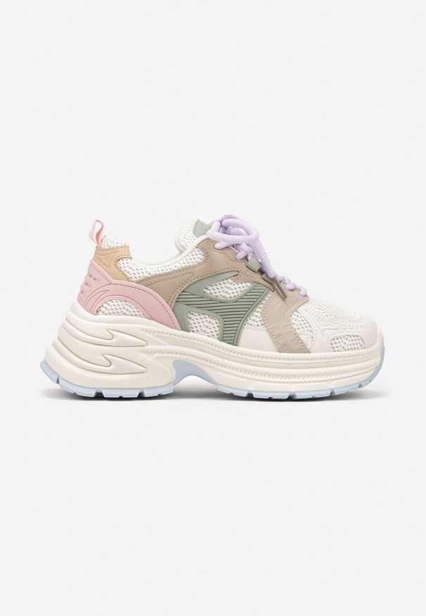 Born2be - Jasnobeżowe Sneakersy na Grubej Tłoczonej Podeszwie z Geometrycznym Motywem Soloria. Okazja: na co dzień. Zapięcie: sznurówki. Kolor: beżowy. Materiał: jeans. Wzór: geometria