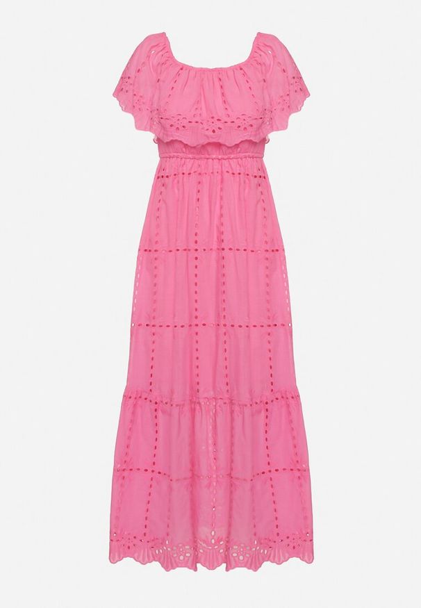 Born2be - Różowa Sukienka Hiszpanka z Gumką w Pasie Ozdobiona Falbanką Lievana. Okazja: na co dzień. Typ kołnierza: dekolt hiszpanka. Kolor: różowy. Materiał: jeans, materiał. Długość rękawa: krótki rękaw. Wzór: aplikacja. Styl: elegancki, casual