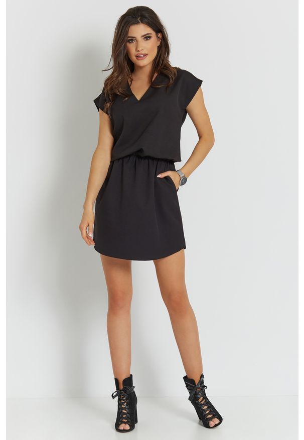 e-margeritka - Sukienka mini z dekoltem czarna - 38. Kolor: czarny. Materiał: tkanina, poliester, materiał. Długość: mini