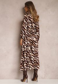 Renee - Brązowo-Beżowa Sukienka Rozkloszowana w Tygrysie Paski Cazoni. Kolor: brązowy. Materiał: tkanina. Wzór: paski