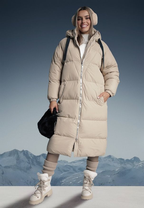 Born2be - Beżowa Długa Kurtka Pikowana Płaszcz na Zamek z Kapturem Lesea. Okazja: na co dzień. Typ kołnierza: kaptur. Kolor: beżowy. Materiał: jeans, dzianina. Długość: długie. Styl: elegancki, casual