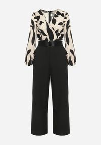 Born2be - Beżowo-Czarny Elegancki Kombinezon ze Wzorzystą Górą Szerokimi Nogawkami i Paskiem Grepia. Okazja: na co dzień. Kolor: czarny. Styl: elegancki #7