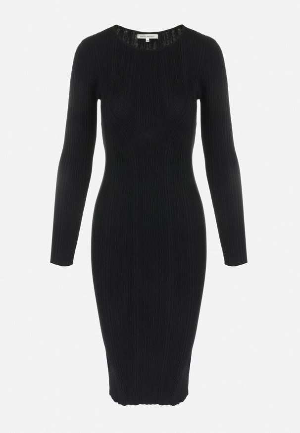 Born2be - Czarna Sukienka Dopasowana z Prążkowanej Wiskozy Khadija. Okazja: na co dzień. Kolor: czarny. Wzór: jednolity. Typ sukienki: bodycon. Materiał: wiskoza, prążkowany. Długość rękawa: długi rękaw. Sezon: jesień, zima. Styl: klasyczny, casual. Długość: midi