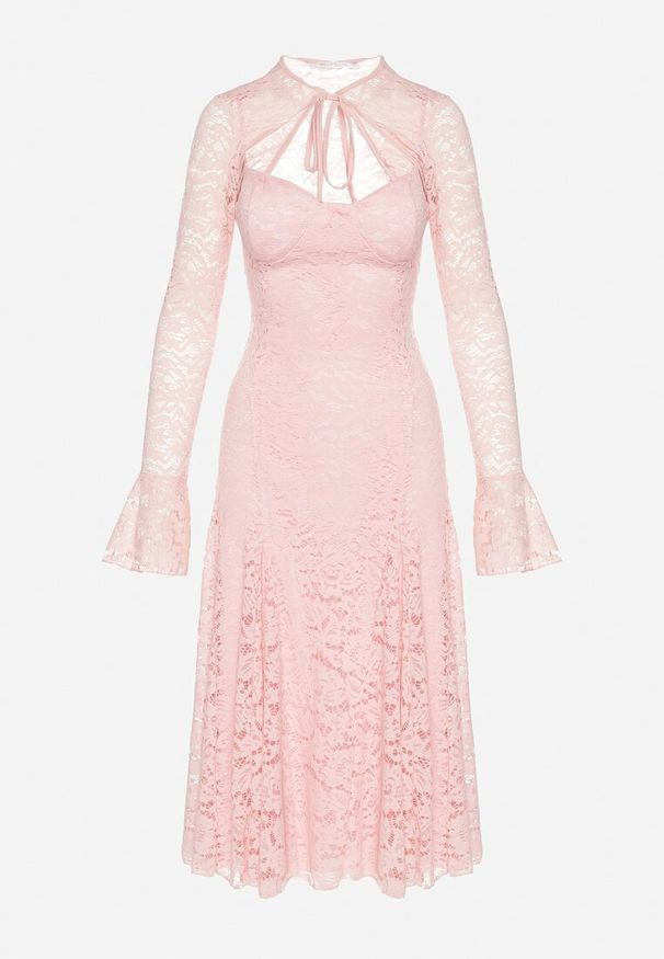 Born2be - Ciemnoróżowa Koronkowa Sukienka o Rozkloszowanym Kroju z Wiązanym Bolerkiem Gonneth. Okazja: na wesele, na ślub cywilny. Typ kołnierza: dekolt w kształcie V. Kolor: różowy. Materiał: koronka. Długość rękawa: na ramiączkach. Typ sukienki: rozkloszowane