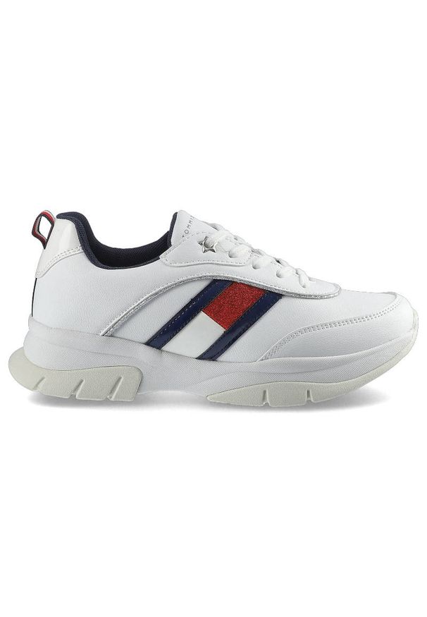 TOMMY HILFIGER - Białe Sneakersy Tommy Hilfiger Damskie Modne Buty. Kolor: biały. Materiał: skóra ekologiczna, jeans, materiał. Szerokość cholewki: normalna. Wzór: aplikacja, kolorowy