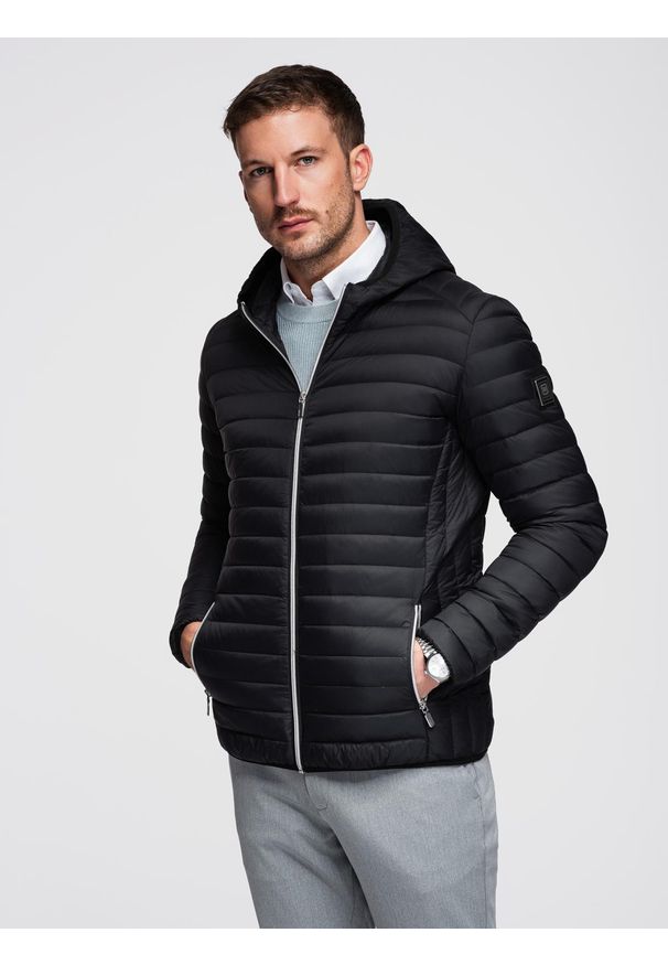 Ombre Clothing - Ultralekka męska kurtka z naturalnym puchem z możliwością schowania w worek – czarna V1 - Rozmiar: S. Kolor: czarny. Materiał: puch. Wzór: aplikacja. Styl: elegancki, sportowy