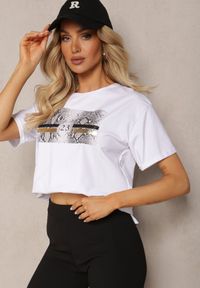 Renee - Biały T-shirt z Bawełny Ozdobiony Nadrukiem na Przodzie Katrielle. Okazja: na co dzień. Kolor: biały. Materiał: bawełna. Wzór: nadruk, aplikacja. Styl: casual #4