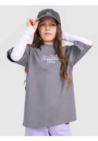 4f - 4F T-shirt oversize z nadrukiem dziewczęcy - szary 152 (11-12 lat). Okazja: na co dzień. Kolor: szary. Materiał: jersey, bawełna. Wzór: nadruk. Sezon: lato. Styl: sportowy, klasyczny, casual