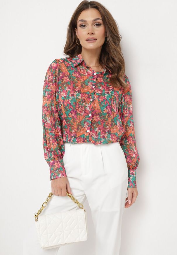 Born2be - Różowo-Pomarańczowa Koszula w Kwiaty z Bufiastymi Rękawami Morwenia. Kolor: różowy. Wzór: kwiaty. Styl: elegancki