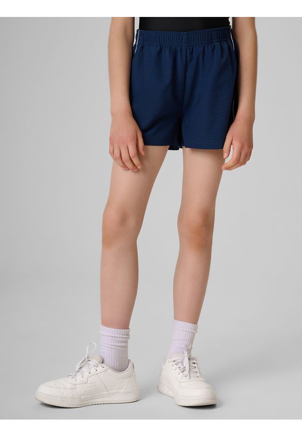 4f - 4F Spodenki sportowe dziewczęce - granatowe 134/140 (8-10 lat). Kolor: niebieski. Materiał: dresówka. Sezon: lato. Styl: sportowy