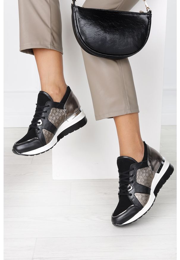 Kati - Czarne sneakersy kati buty sportowe sznurowane polska skóra 7023. Kolor: wielokolorowy, czarny. Materiał: skóra
