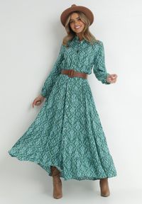 Born2be - Zielono-Niebieska Sukienka Koszulowa w Ornamentalny Wzór Midis. Kolor: zielony. Materiał: tkanina. Typ sukienki: koszulowe #1