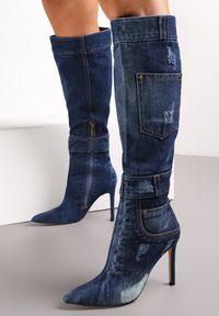 Renee - Niebieskie Jeansowe Kozaki na Szpilce z Kieszenią Vefiano. Kolor: niebieski. Materiał: jeans. Obcas: na szpilce #2