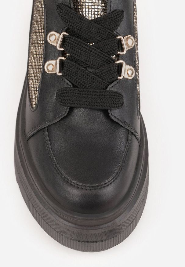 Renee - Czarne Sneakersy VICES na Koturnie z Brokatowymi Wstawkami Morinatea. Okazja: na co dzień. Kolor: czarny. Materiał: jeans. Wzór: aplikacja. Sezon: lato. Obcas: na koturnie