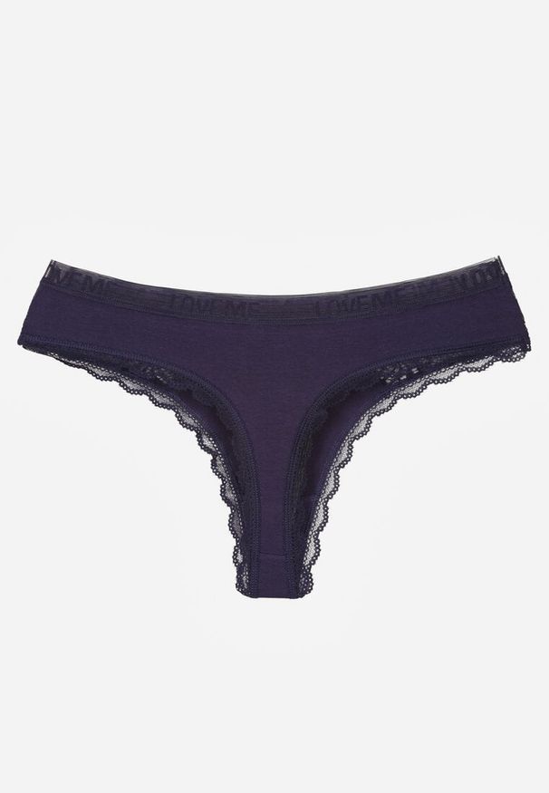 Born2be - Granatowe Majtki Stringi z Subtelną Koronką z Bawełną Adriedah. Kolor: niebieski. Materiał: koronka, bawełna. Wzór: koronka