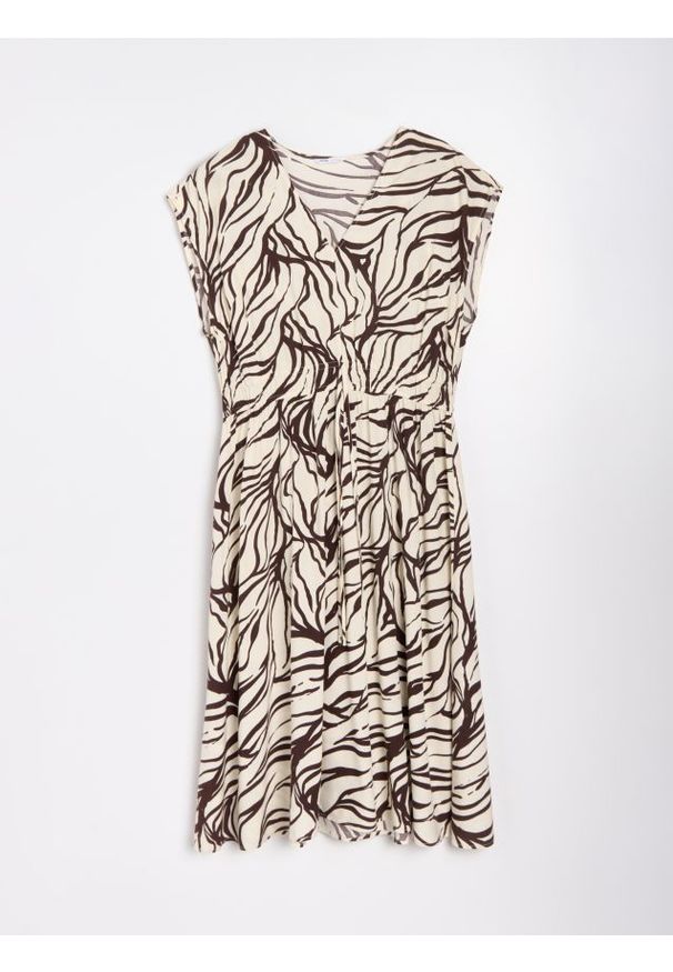 Sinsay - Wiskozowa sukienka midi w abstrakcyjny wzór - brązowy. Kolor: brązowy. Materiał: wiskoza. Długość: midi