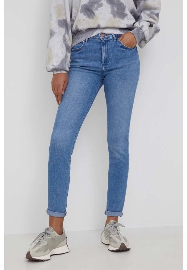 Wrangler jeansy HIGH RISE SKINNY RIVER damskie high waist. Stan: podwyższony. Kolor: niebieski