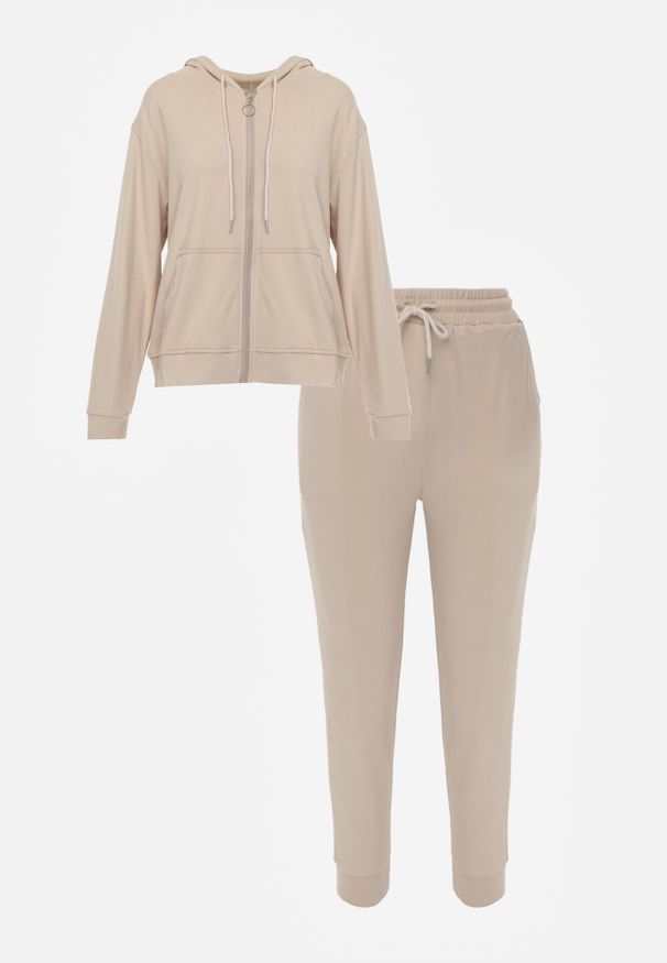 Born2be - Beżowy Komplet Dresowy Zasuwana Bluza z Kapturem i Spodnie Typu Jogger Nedisare. Kolor: beżowy. Materiał: dresówka