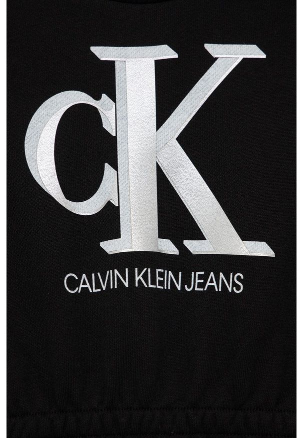 Calvin Klein Jeans Sukienka dziecięca kolor czarny mini prosta. Okazja: na co dzień. Kolor: czarny. Długość rękawa: długi rękaw. Wzór: nadruk. Typ sukienki: proste. Styl: casual. Długość: mini