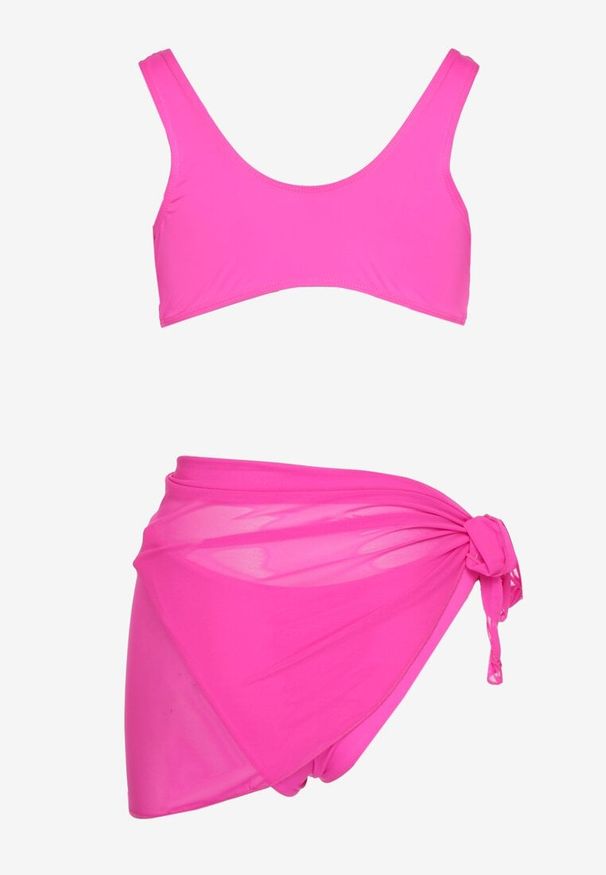 Born2be - Różowe Bikini Biustonosz z Odpinanym Kwiatem 3D Majtki Typu Figi i Siateczkowe Pareo Folane. Kolor: różowy. Wzór: kwiaty