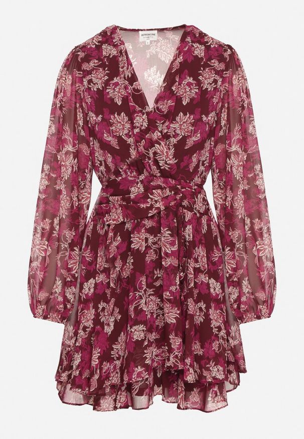 Born2be - Bordowa Kopertowa Sukienka w Kwiaty z Bufiastymi Rękawami Zavea. Okazja: na co dzień, na randkę. Typ kołnierza: dekolt w serek. Kolor: czerwony. Materiał: poliester. Wzór: kwiaty. Typ sukienki: kopertowe. Styl: casual, elegancki