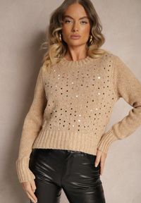 Renee - Ciemnobeżowy Sweter z Bawełną i Cekinami Savintha. Okazja: na co dzień. Kolor: beżowy. Materiał: bawełna. Wzór: aplikacja. Styl: elegancki, casual #4