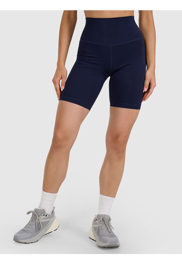 4f - 4F Legginsy kolarki treningowe damskie - granatowe XS. Stan: podwyższony. Kolor: niebieski. Materiał: materiał, elastan, syntetyk, włókno, dzianina. Długość: krótkie. Wzór: gładki, ze splotem. Sport: fitness