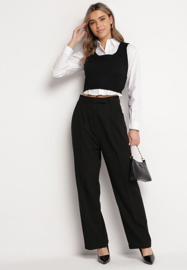 Born2be - Czarne Garniturowe Spodnie z Wysokim Stanem i Szerokimi Nogawkami Cerda. Okazja: na spotkanie biznesowe. Stan: podwyższony. Kolor: czarny. Styl: elegancki, biznesowy