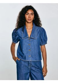 Big-Star - Bluzka damska jeansowa z ozdobnym kołnierzem niebieska Jones 416. Kolor: niebieski. Materiał: jeans. Długość: krótkie. Styl: elegancki