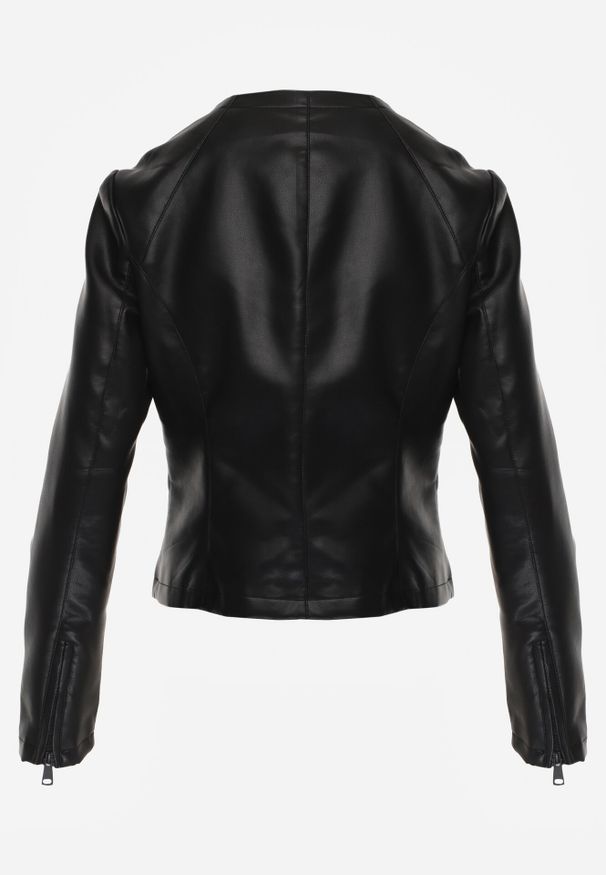 Born2be - Czarna Przejściowa Kurtka Taliowana Ramoneska bez Kołnierzyka Nissanea. Okazja: na co dzień. Typ kołnierza: bez kołnierzyka. Kolor: czarny. Materiał: poliester. Styl: klasyczny, casual