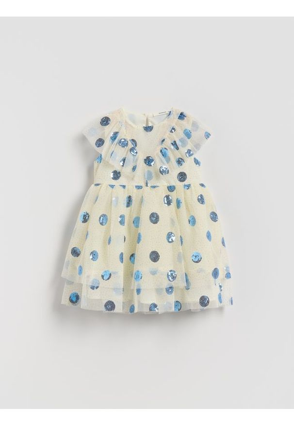 Reserved - Tiulowa sukienka z cekinami - kremowy. Kolor: kremowy. Materiał: tiul