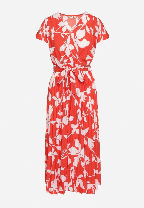 Born2be - Czerwona Kopertowa Plisowana Sukienka z Gumką i Paskiem w Talii Denevia. Okazja: na co dzień. Kolor: czerwony. Długość rękawa: krótki rękaw. Typ sukienki: kopertowe. Styl: casual