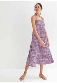 bonprix - Sukienka bawełniana midi z falbanami. Kolor: fioletowy. Materiał: bawełna. Długość: midi