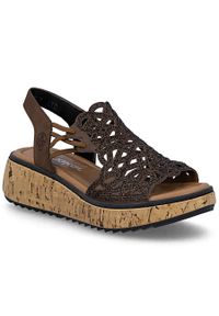 Sandały damskie na koturnie brązowe Rieker V1765-24. Kolor: brązowy. Materiał: skóra ekologiczna. Obcas: na koturnie #1