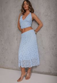 Renee - Niebieski Komplet z Koronki Spódnica i Top z Wiązaniem na Szyi Dainetia. Kolor: niebieski. Materiał: koronka. Wzór: koronka #3