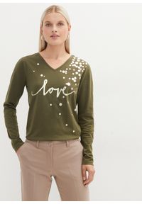 bonprix - Shirt z długim rękawem i metalicznym nadrukiem. Typ kołnierza: dekolt w serek. Kolor: zielony. Długość rękawa: długi rękaw. Długość: długie. Wzór: nadruk #1