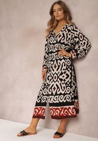 Renee - Czarna Sukienka Maxi z Rozporkami i Wsuwanymi Kieszeniami Ranno. Kolor: czarny. Długość rękawa: długi rękaw. Styl: boho. Długość: maxi