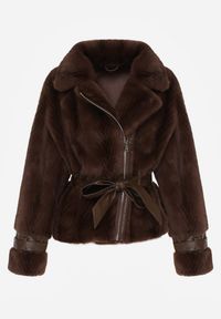 Born2be - Brązowa Futrzana Kurtka z Paskiem z Imitacji Skóry i Ozdobnymi Sprzączkami Oryss. Okazja: na co dzień. Kolor: brązowy. Materiał: skóra, futro. Styl: casual #5