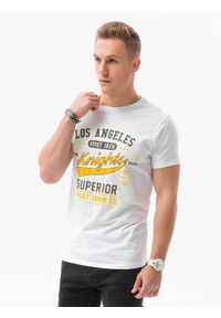 Ombre Clothing - T-shirt męski z nadrukiem S1434 V-23D - biały - XXL. Kolor: biały. Materiał: bawełna. Wzór: nadruk. Styl: klasyczny