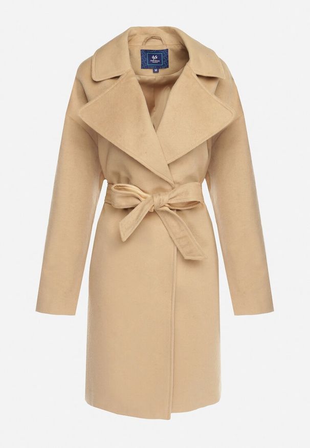 Born2be - Beżowy Klasyczny Płaszcz z Paskiem w Talii Elwari. Kolor: beżowy. Materiał: skóra. Styl: klasyczny