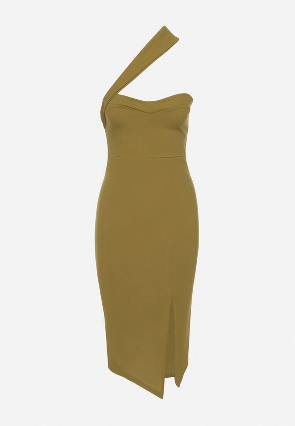 Born2be - Jasnozielona Dopasowana Sukienka z Asymetrycznym Dekoltem i Rozcięciem na Nogę Ersenllia. Okazja: na imprezę. Kolor: zielony. Typ sukienki: asymetryczne. Styl: wizytowy, elegancki