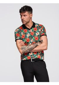 Ombre Clothing - Polo koszulka bawełniana z nadrukiem w kwiaty – czarna V2 - Rozmiar: XL. Okazja: na co dzień. Typ kołnierza: polo. Kolor: czarny. Materiał: bawełna. Wzór: nadruk, kwiaty. Sezon: lato. Styl: wakacyjny, casual, elegancki