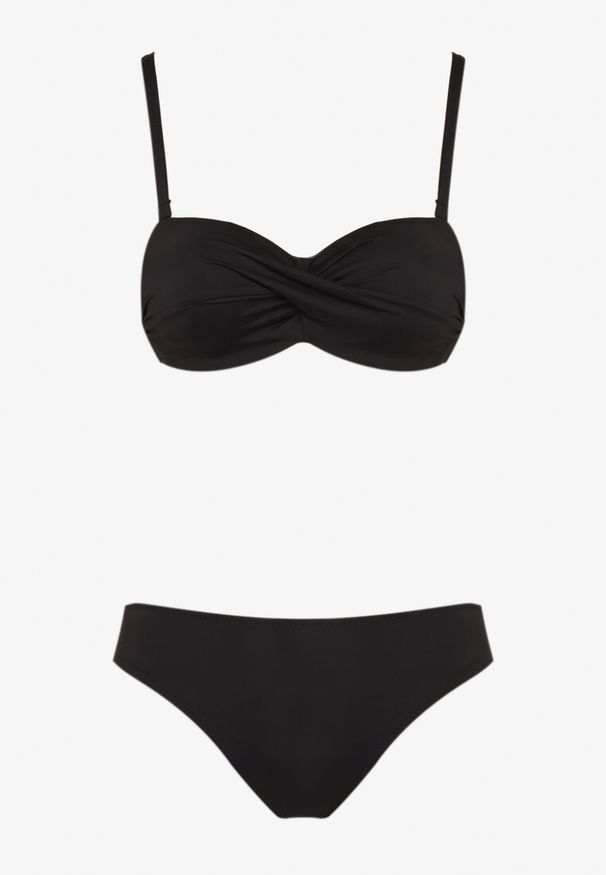 Renee - Czarne Bikini 2 Pary Majtek Typu Figi i Biustonosz Wiązany na Plecach Galanoria. Kolor: czarny. Wzór: aplikacja