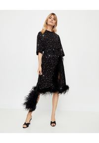 T-DRESS - Czarna sukienka midi z kryształami Stone Splash. Kolor: czarny. Materiał: materiał, tkanina. Wzór: aplikacja. Typ sukienki: rozkloszowane. Długość: midi