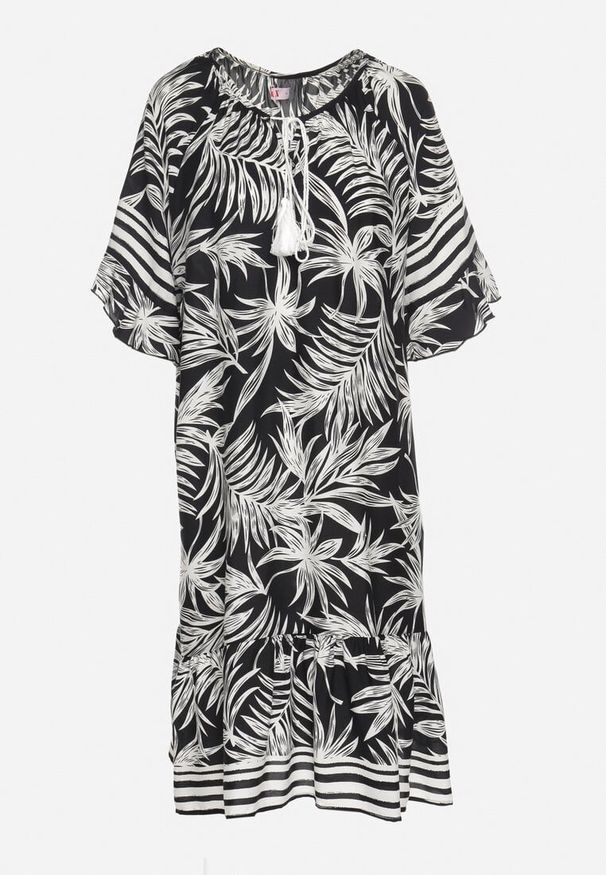 Born2be - Czarna Sukienka o Pudełkowym Kroju z Wiązaniem przy Dekolcie w Roślinny Wzór Mirionela. Kolor: czarny. Długość rękawa: krótki rękaw