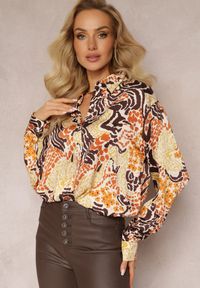 Renee - Brązowo-Żółta Koszula z Abstrakcyjnym Wzorem w Etno Stylu Agresse. Kolor: brązowy. Styl: etno