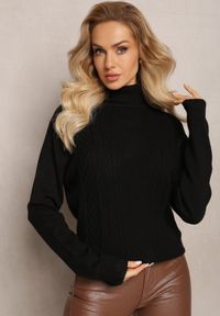 Renee - Czarny Golf z Dzianiny Ozdobiony Splotem z Długimi Rękawami i Ściągaczami Juniro. Typ kołnierza: golf. Kolor: czarny. Materiał: dzianina. Długość rękawa: długi rękaw. Długość: długie. Wzór: ze splotem, aplikacja. Sezon: zima, jesień